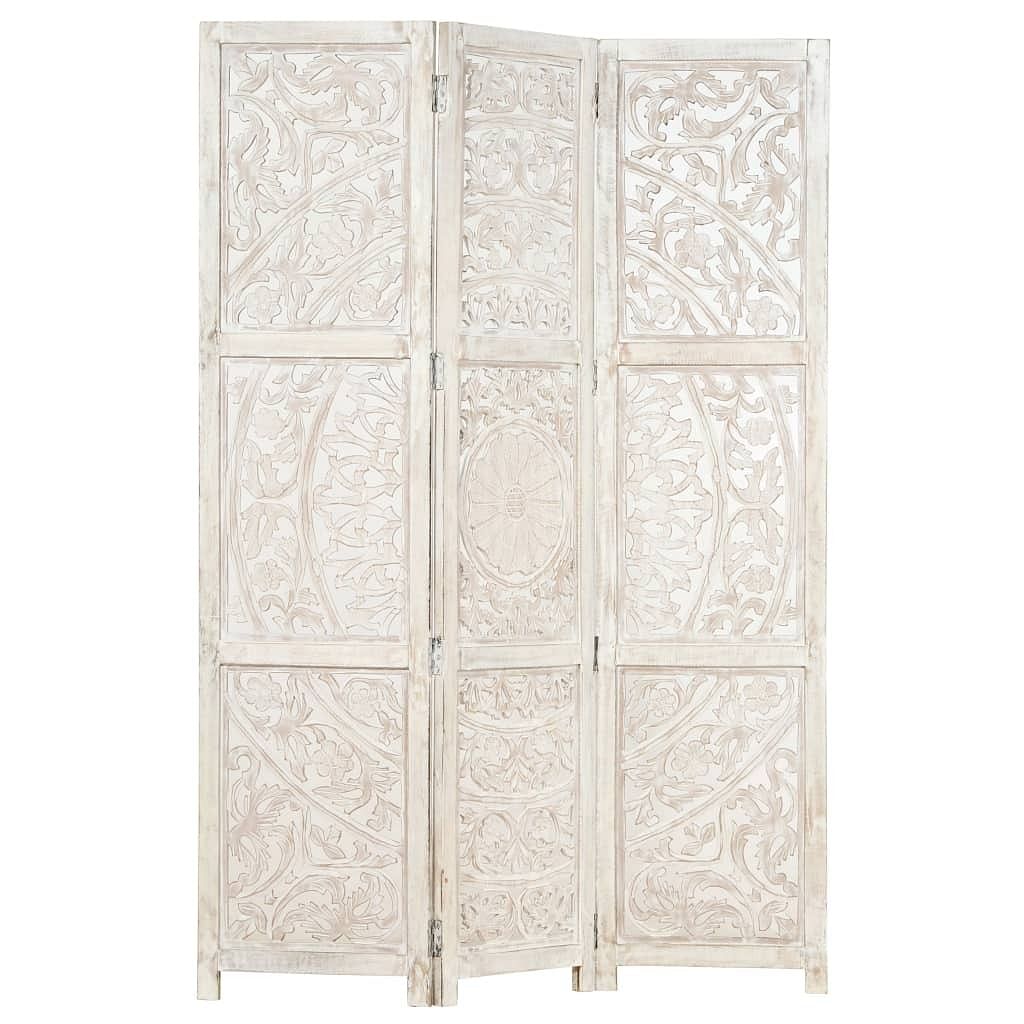 Hand carved 3-panel room divider white 47.2"x65" solid mango wood