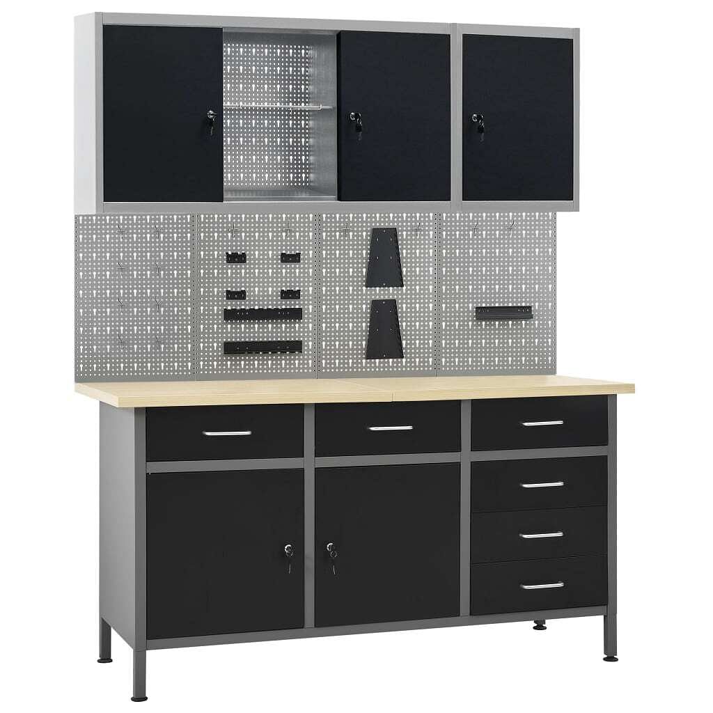 Workbench with four wall panels and two cabinets