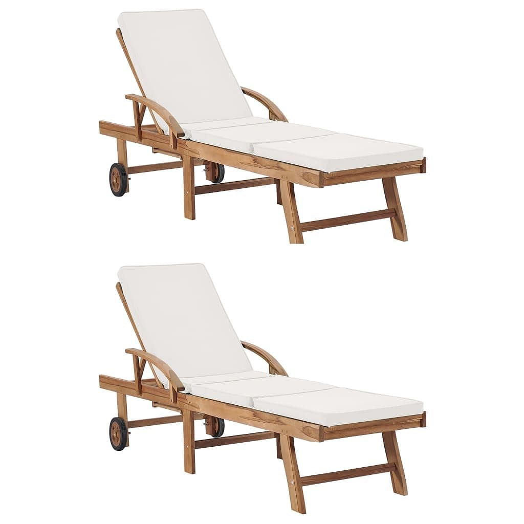 Sunlounger set of 2 cream solid teak wood extra long