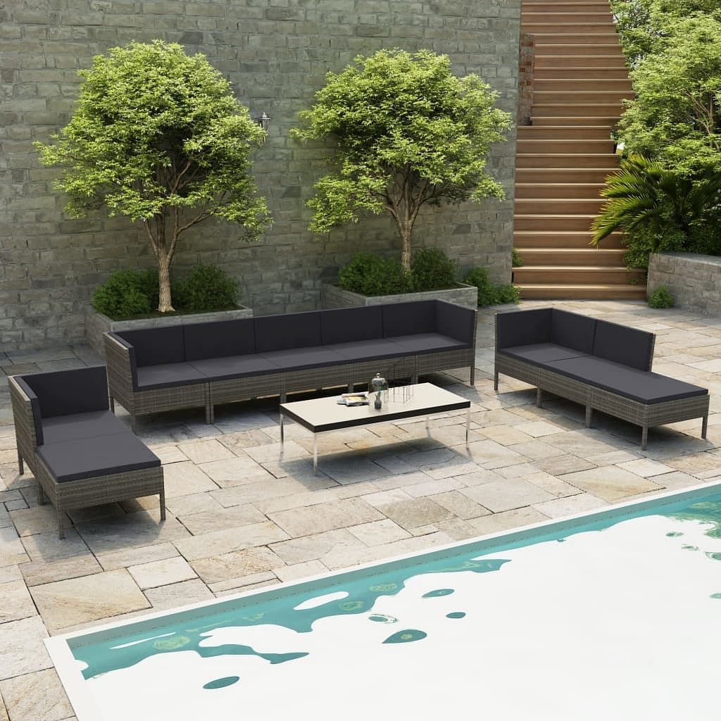 Garden furniture set grey poly rattan, powder-coated steel, polyester