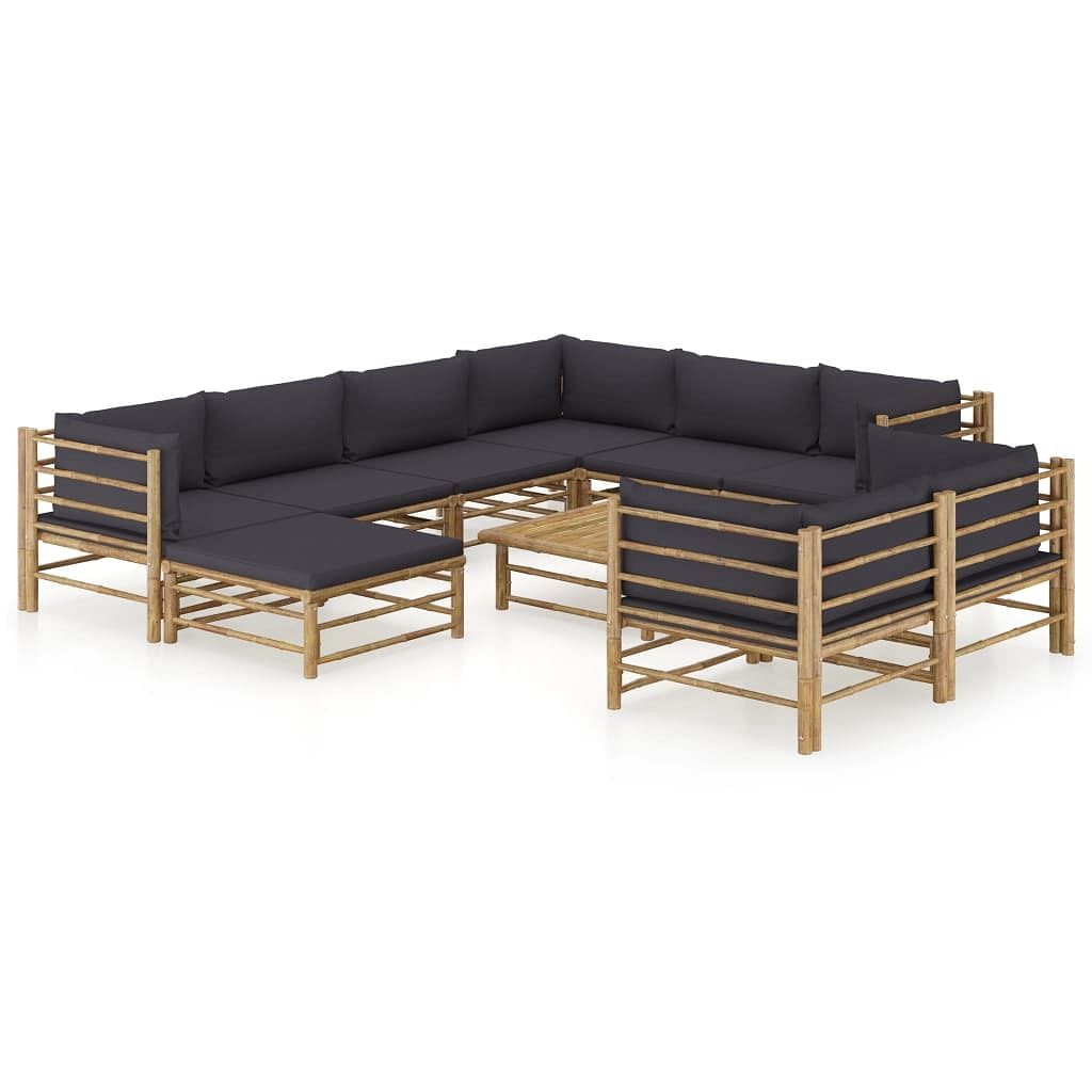 Garden lounge set dark grey bamboo, polyester 10 piece set