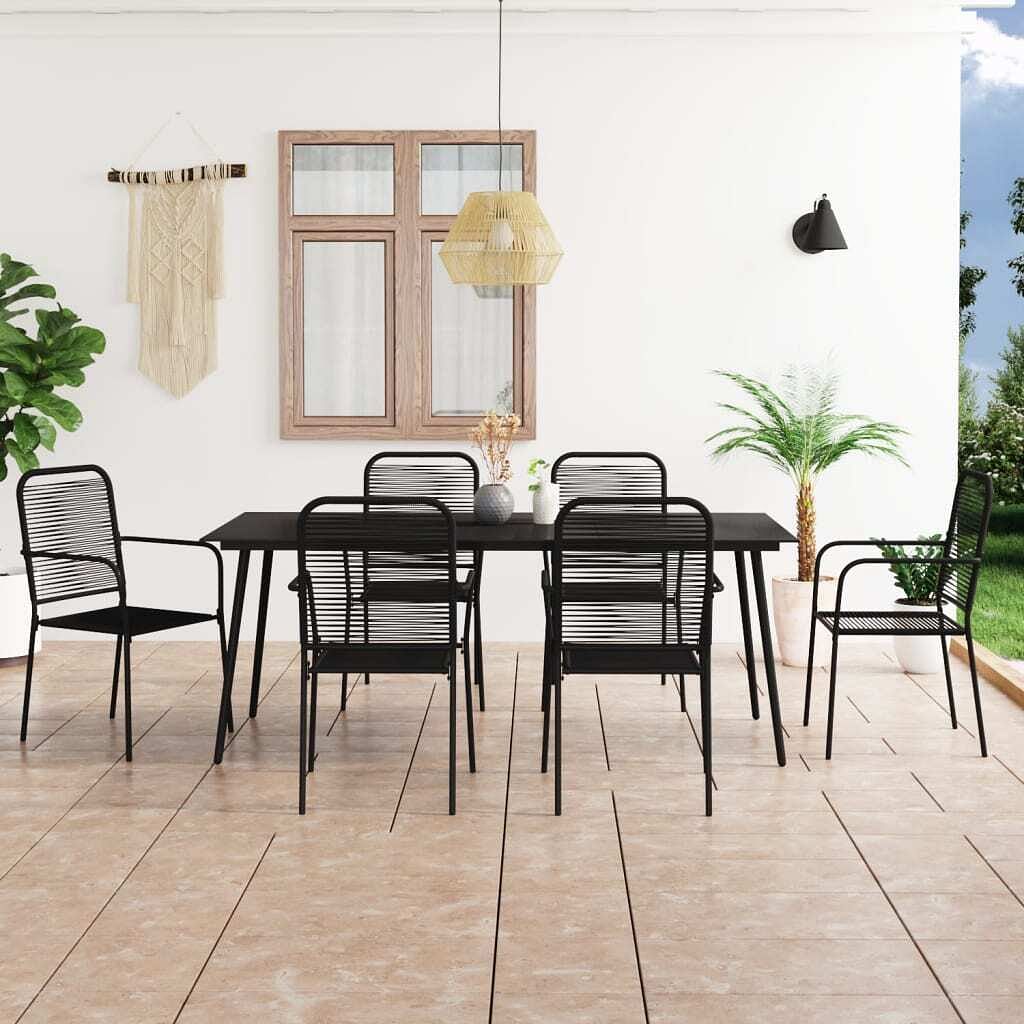 Dining set black cotton rope, powder-coated steel, tempered glass