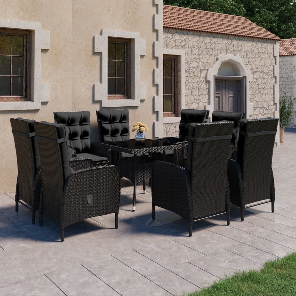 Garden dining set black poly rattan, steel, glass, fabric large