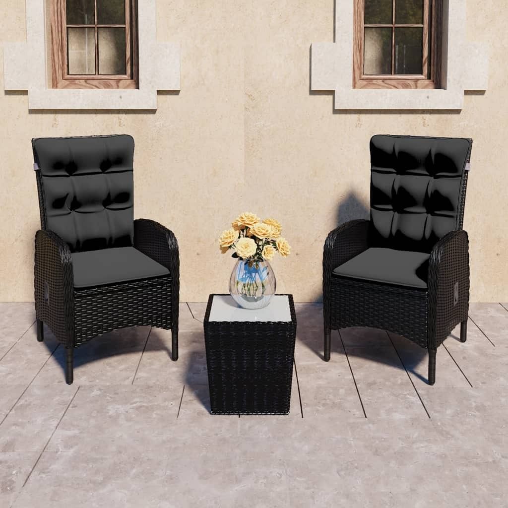 Bistro set black poly rattan, steel, glass, fabric (100% polyester)