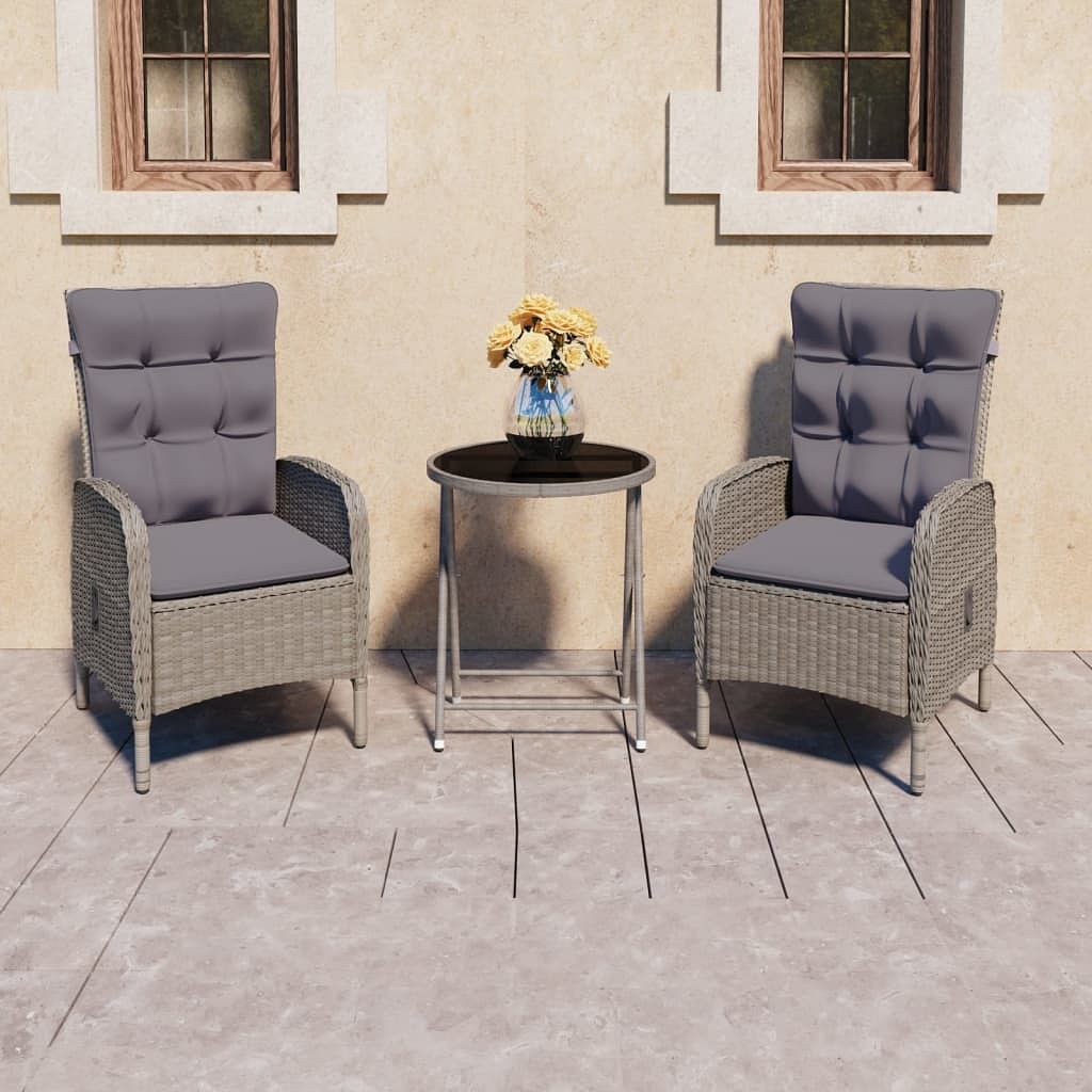Bistro set grey poly rattan, steel, glass, fabric (100% polyester)