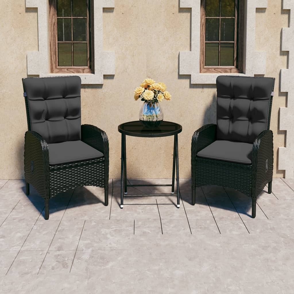 Bistro set black poly rattan, steel, glass, fabric medium