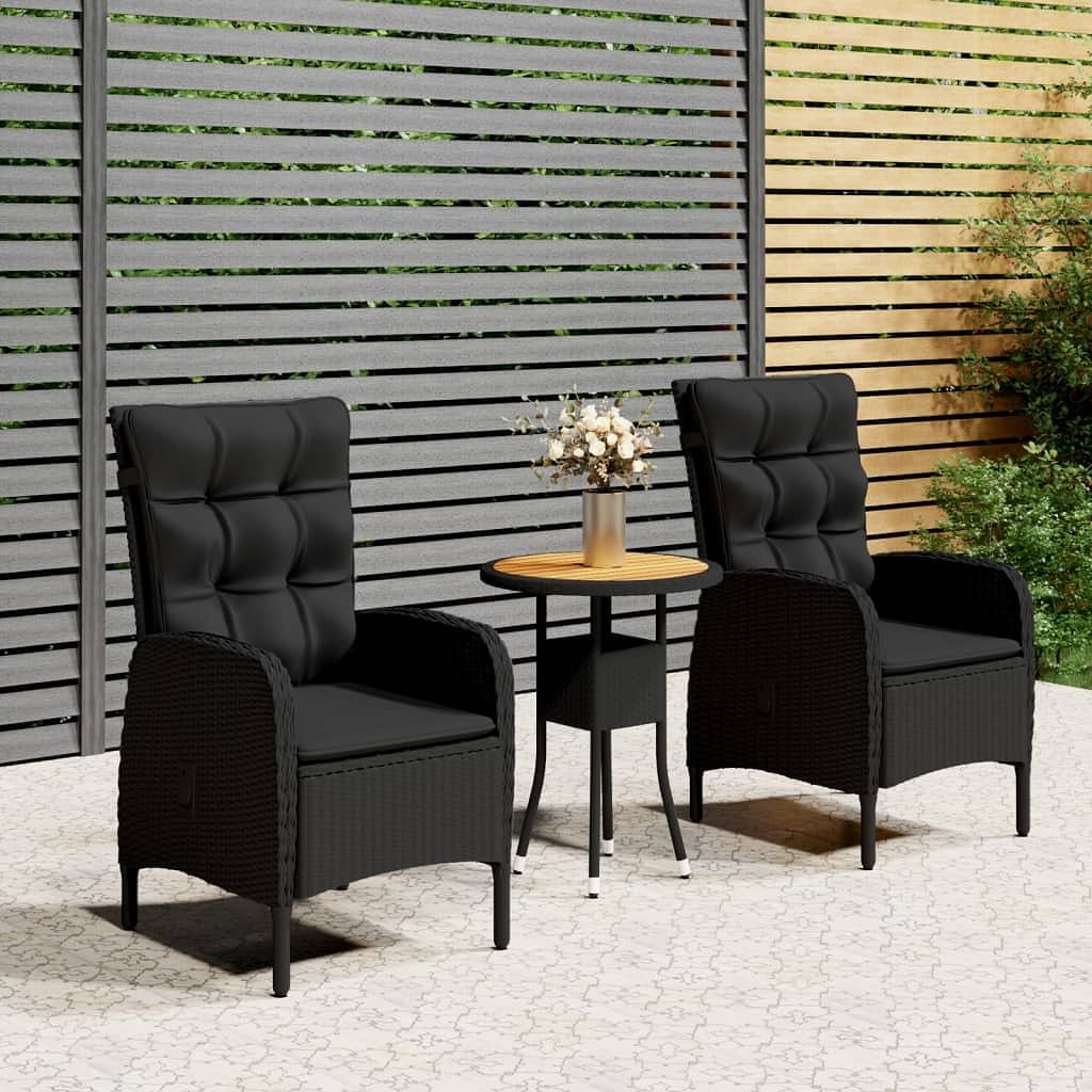 Bistro set black poly rattan, steel, solid acacia wood medium
