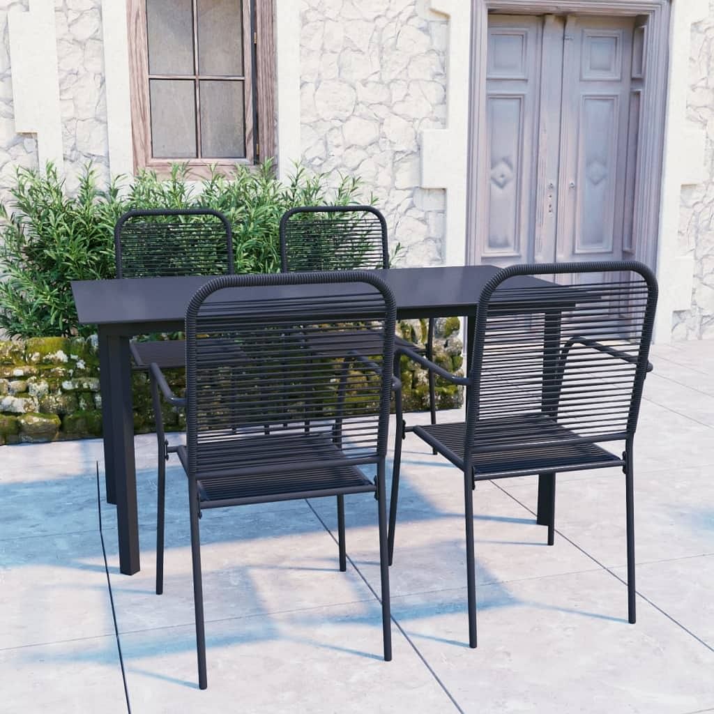 Garden dining set black powder-coated steel, glass, cotton rope