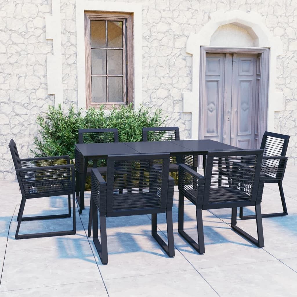 Dining set black pvc rattan, powder-coated steel, glass