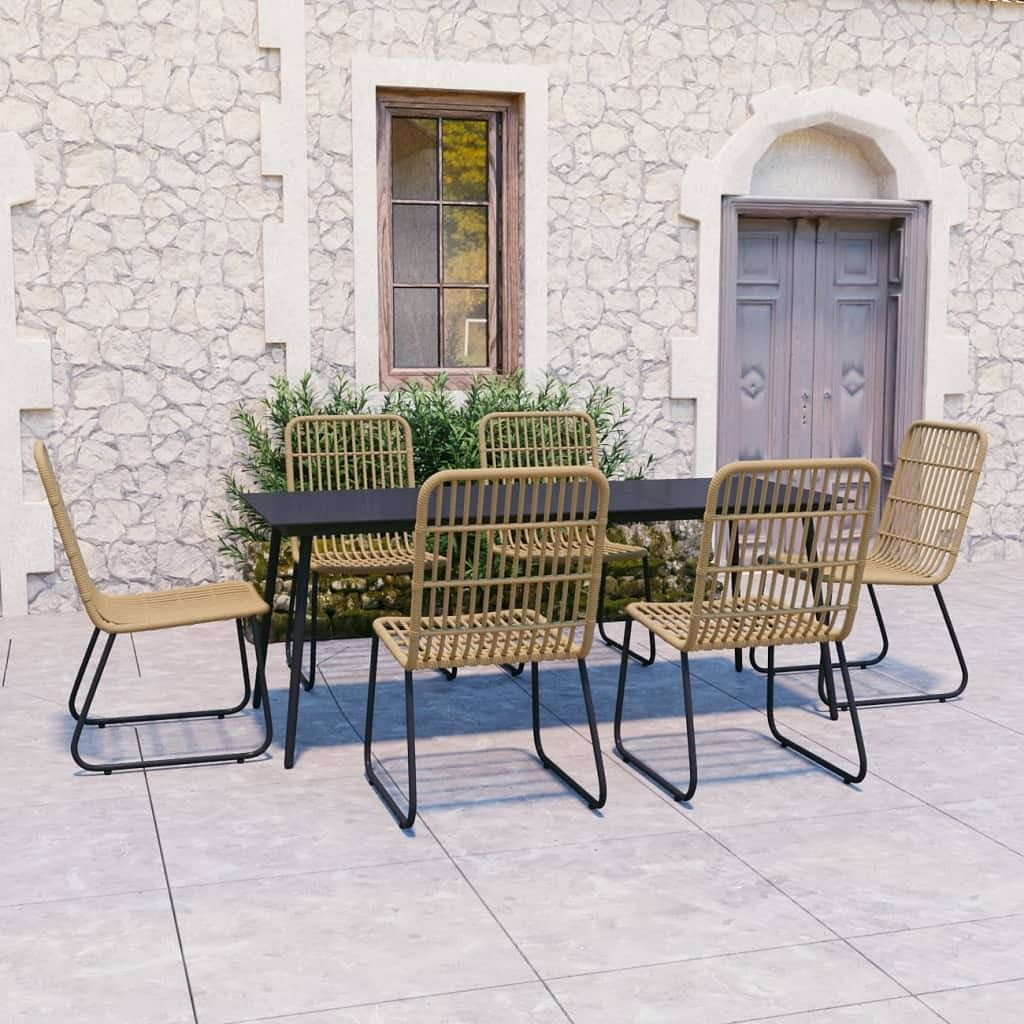 Dining set oak and black poly rattan, powder-coated steel, glass
