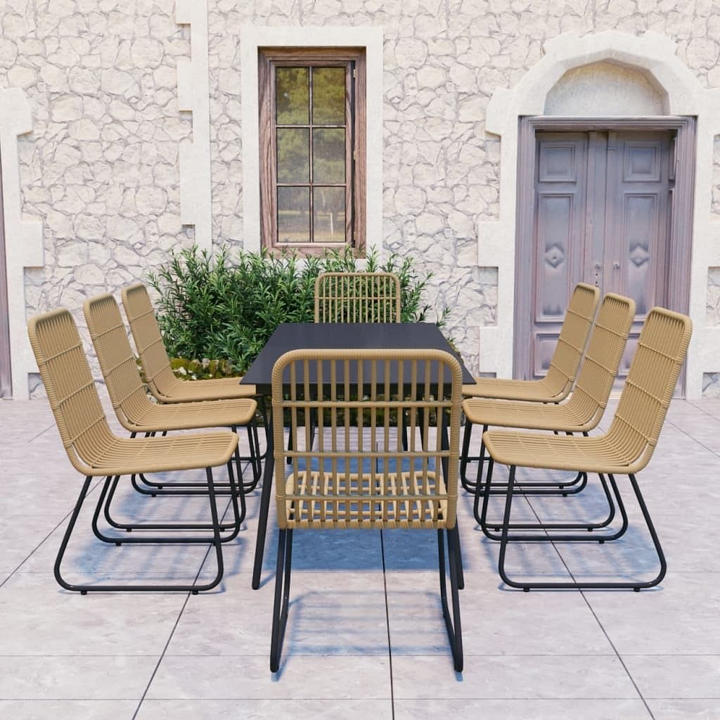 Dining set oak and black poly rattan, powder-coated steel, glass