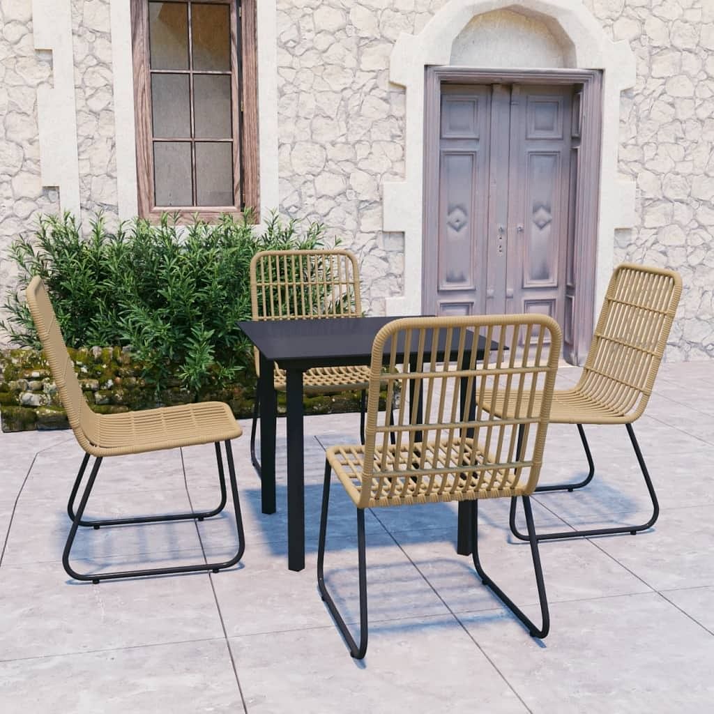 Dining set oak and black poly rattan, powder-coated steel, glass