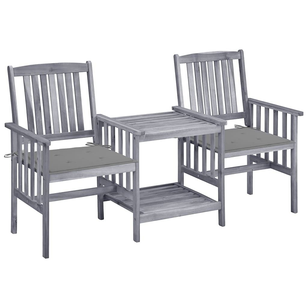 Garden chair with tea table grey solid acacia wood, 100% polyester