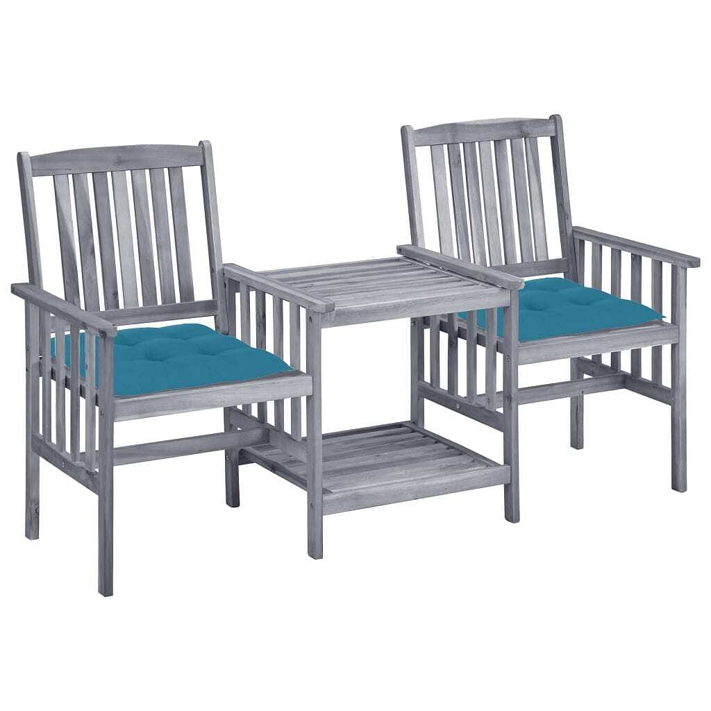 Patio chair with tea table grey solid acacia wood, 100% polyester