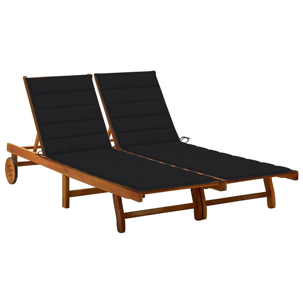 Sun lounger black cushion, natural wood