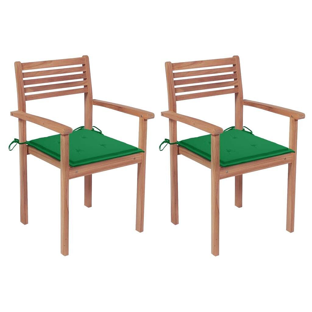 Garden chair set of 2 natural teak, green cushion teak wood