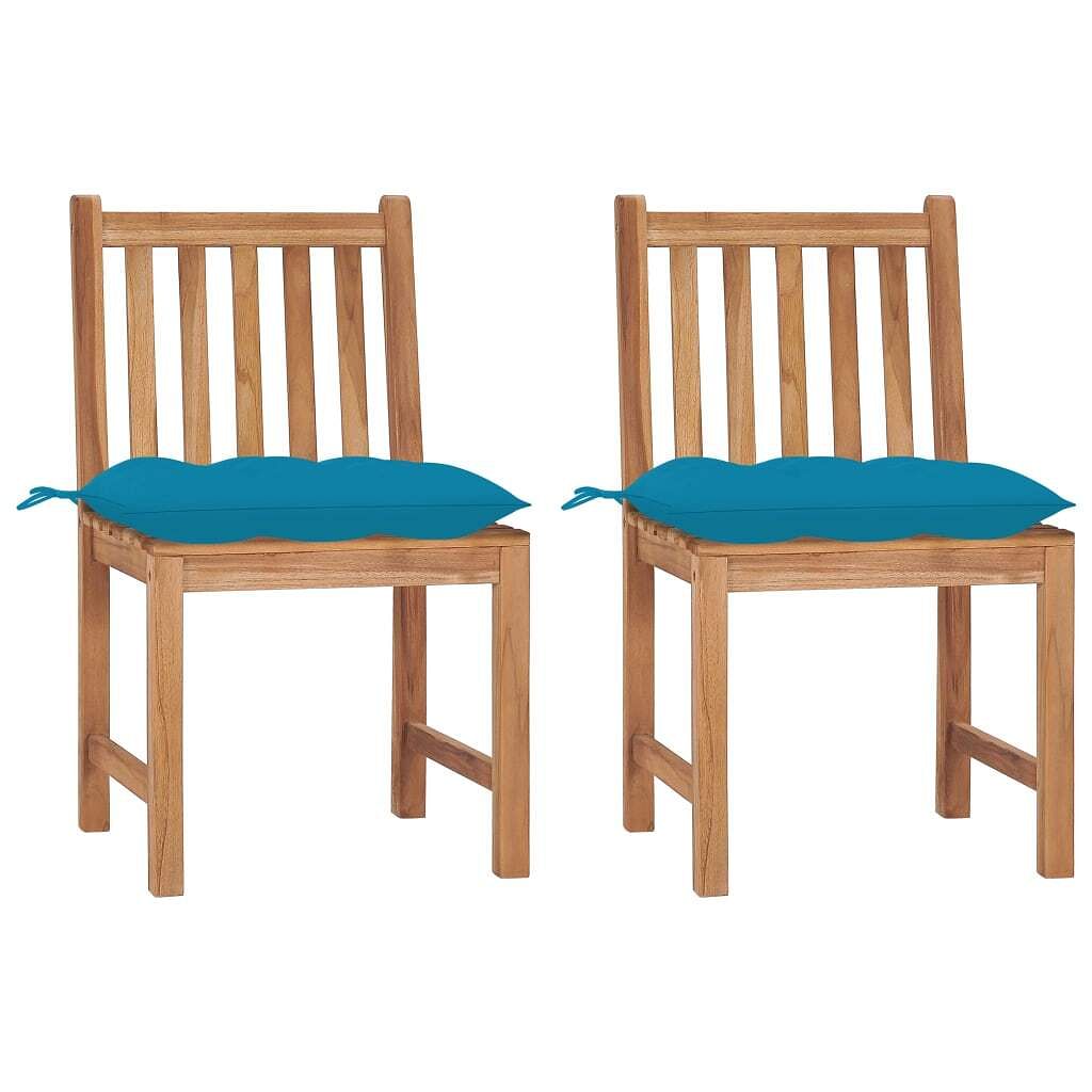 Patio chair set of 2 light blue cushion, teak wood frame