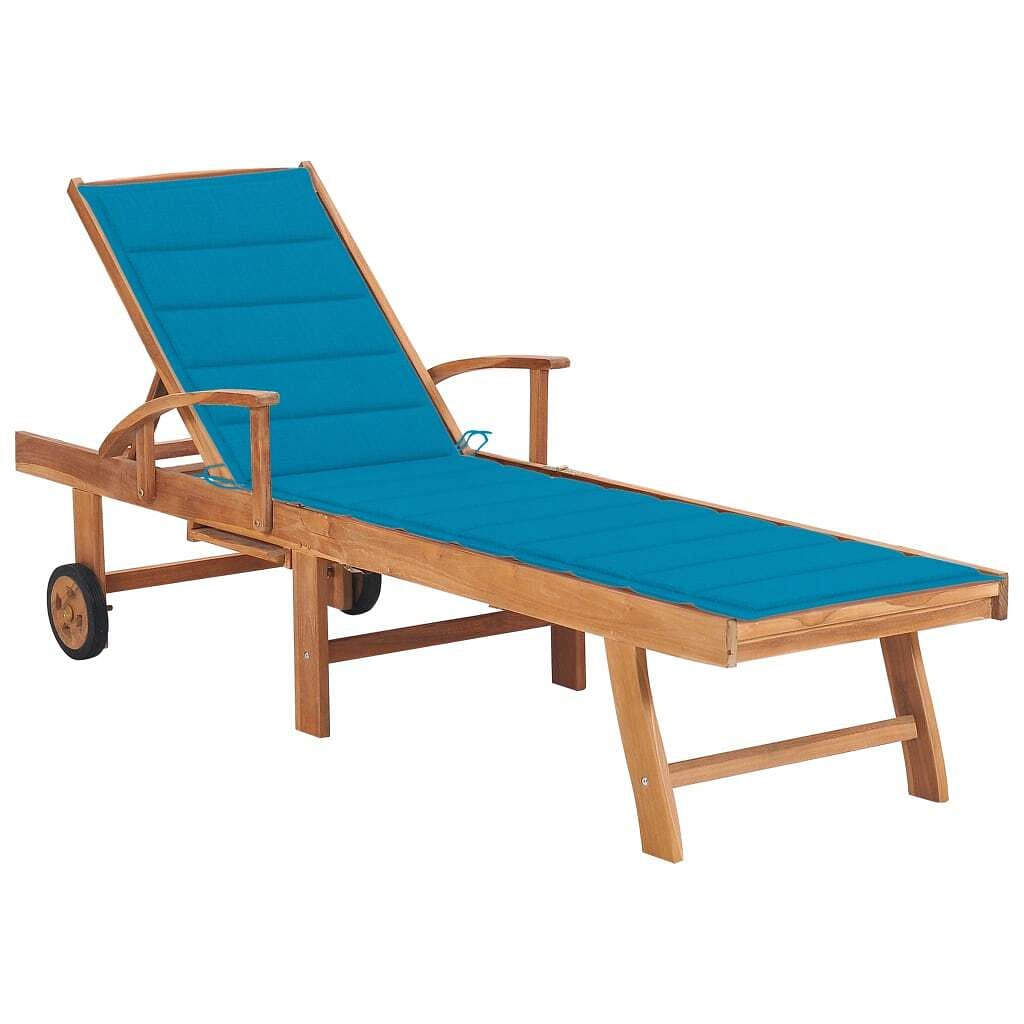 Sun lounger teak, blue solid teak wood, polyester, galvanized steel
