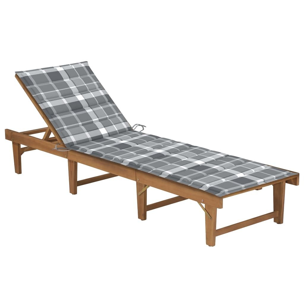 Sun lounger natural acacia wood with grey check cushion