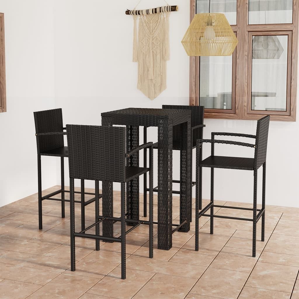 Garden bar set black pe rattan, powder-coated steel footrest