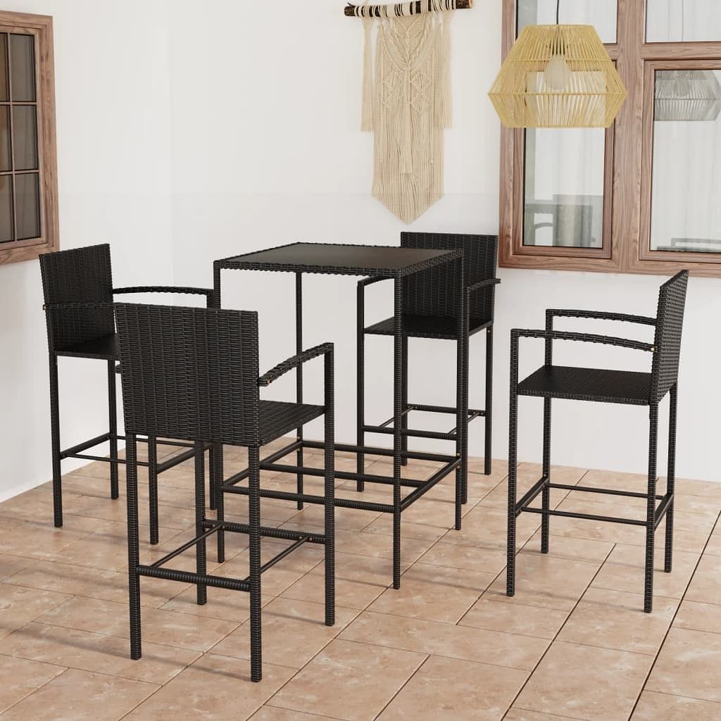 Garden bar set black pe rattan, powder-coated steel, tempered glass