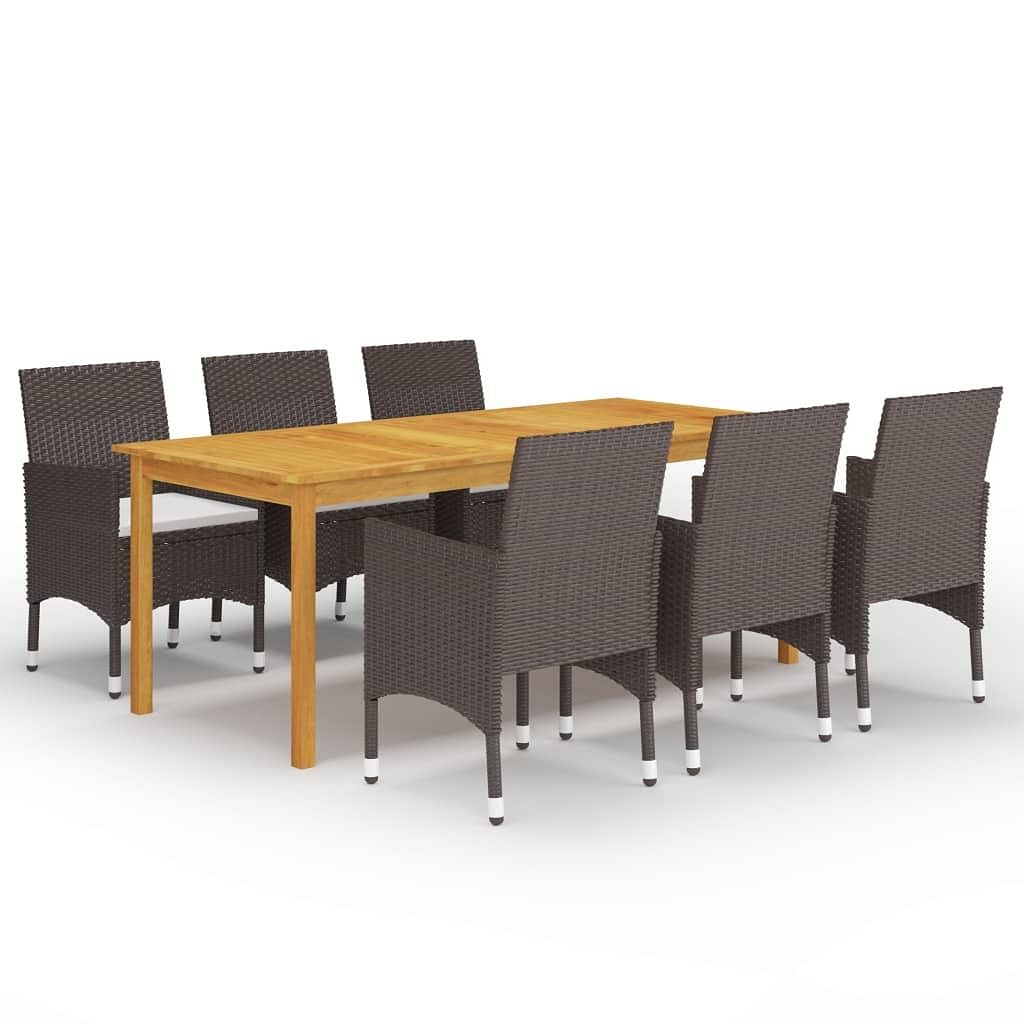 Dining set brown solid acacia wood, pe rattan, powder-coated steel