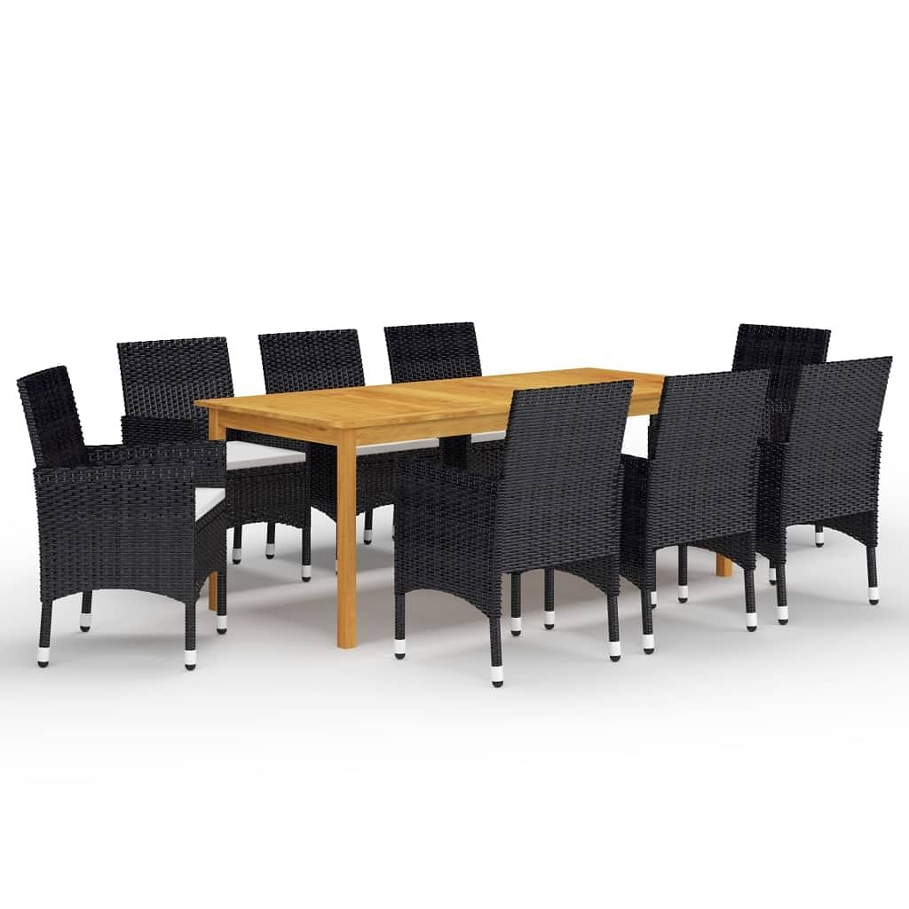 Dining set black, cream white solid acacia wood, pe rattan large