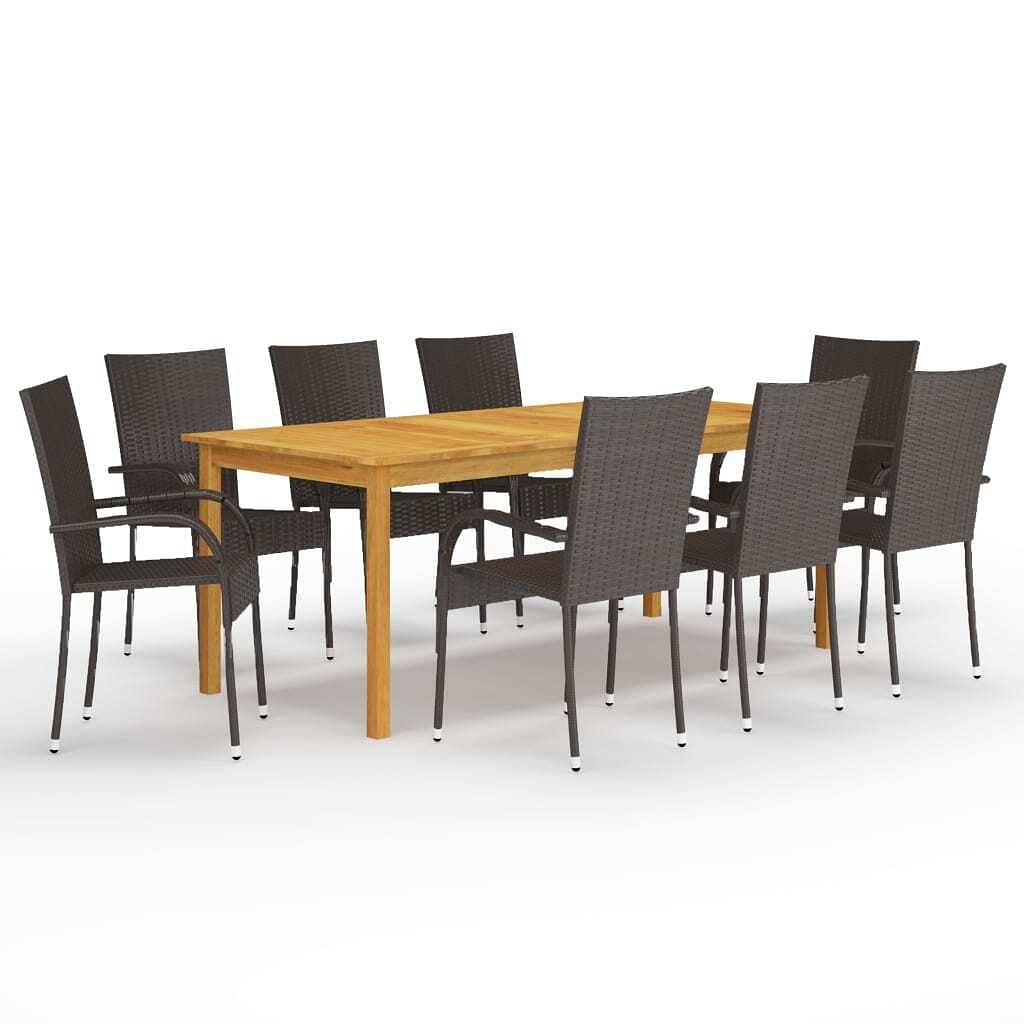 Dining set brown solid acacia wood, pe rattan, powder-coated steel