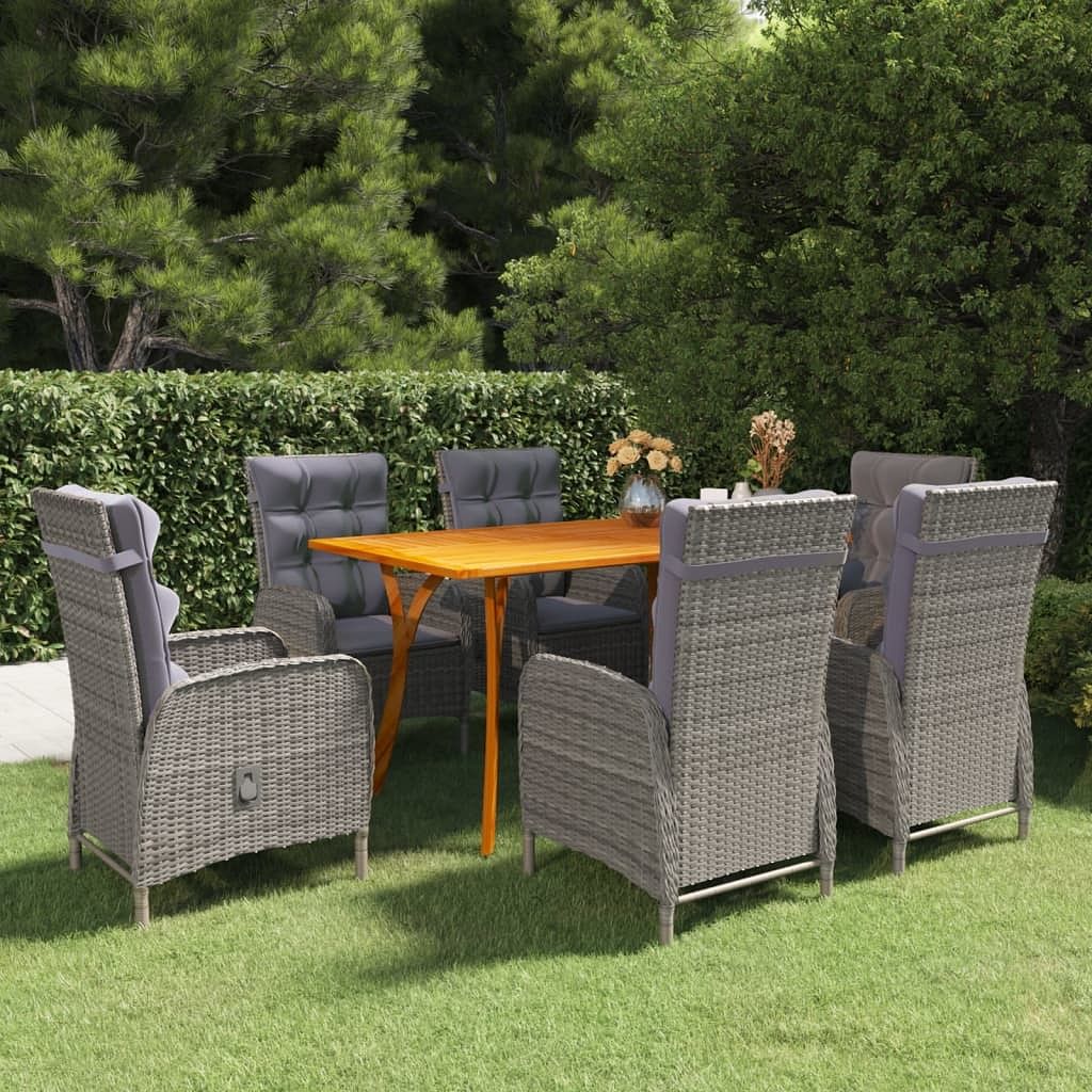 Dining set grey solid acacia wood, poly rattan, steel 7 piece set