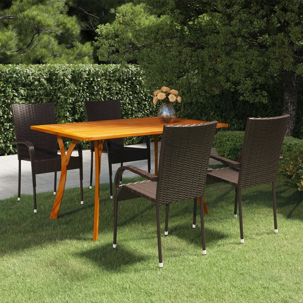 Dining set brown solid acacia wood, pe rattan, powder-coated steel