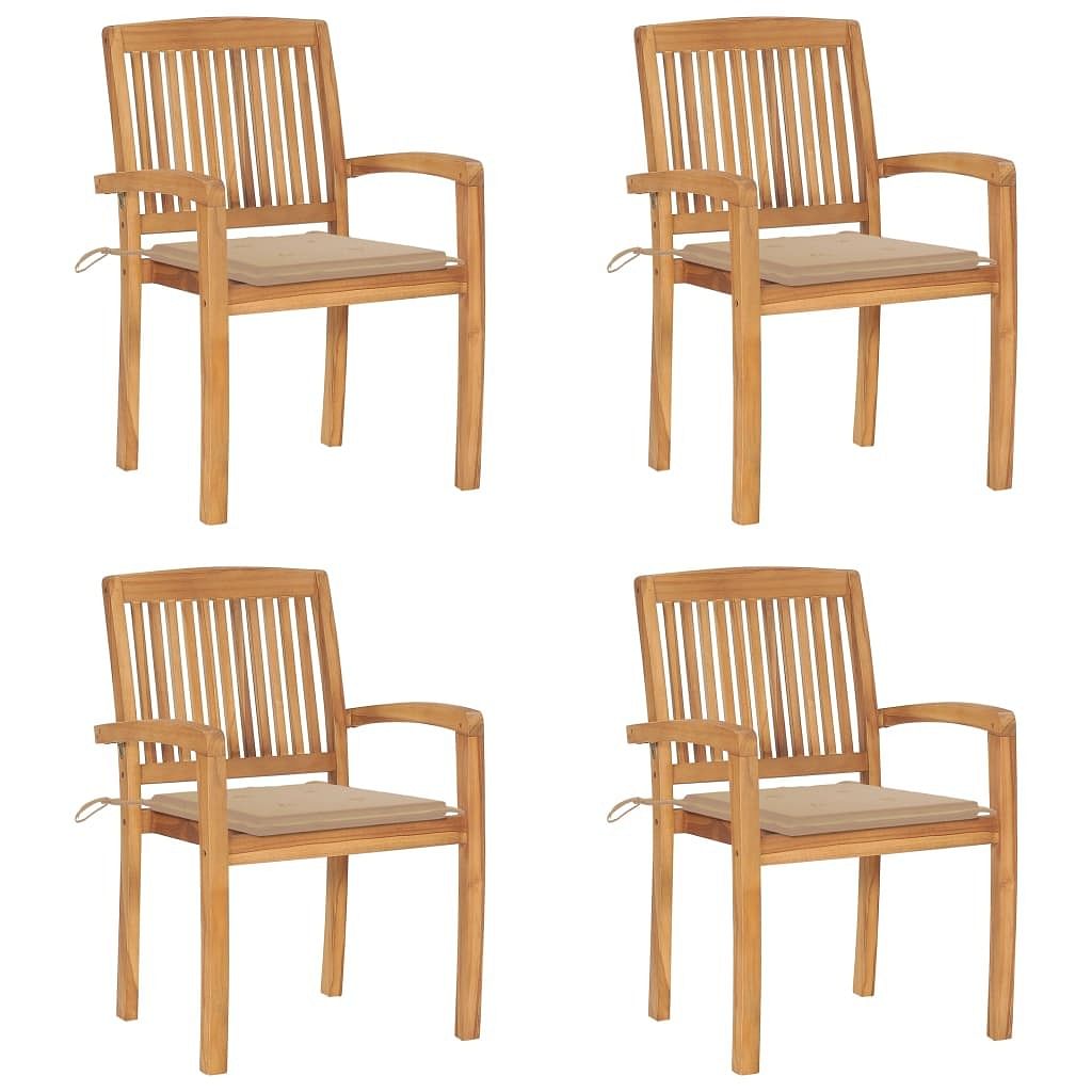 Stacking patio chairs with cushions 4 pcs solid teak wood