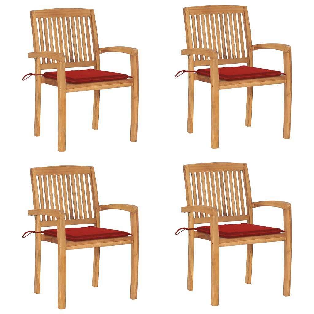 Stacking patio chairs with cushions 4 pcs solid teak wood