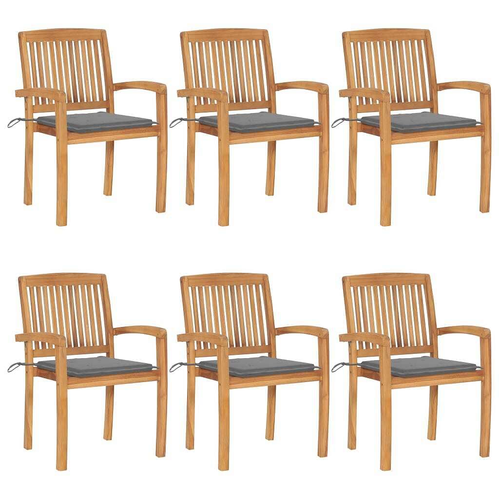 Stacking patio chairs with cushions 6 pcs solid teak wood