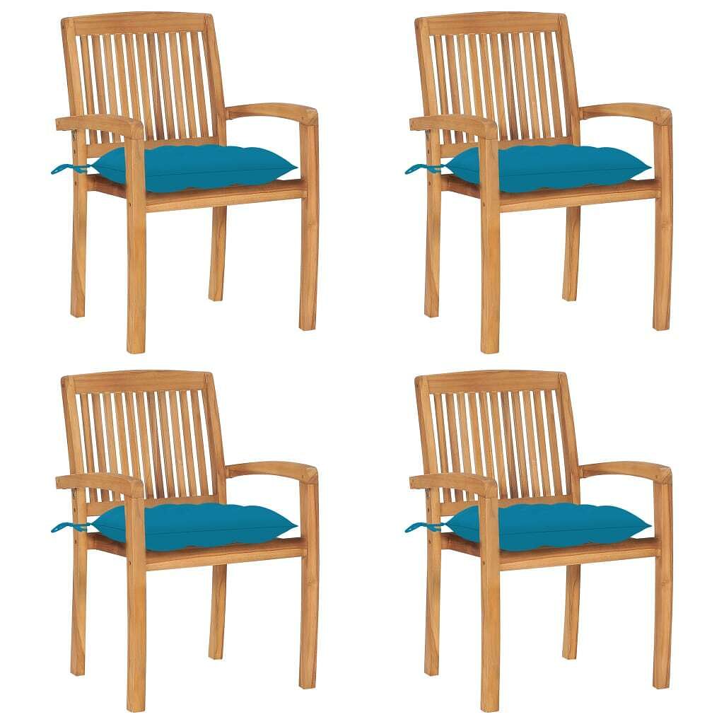 Stacking patio chairs with cushions 4 pcs solid teak wood