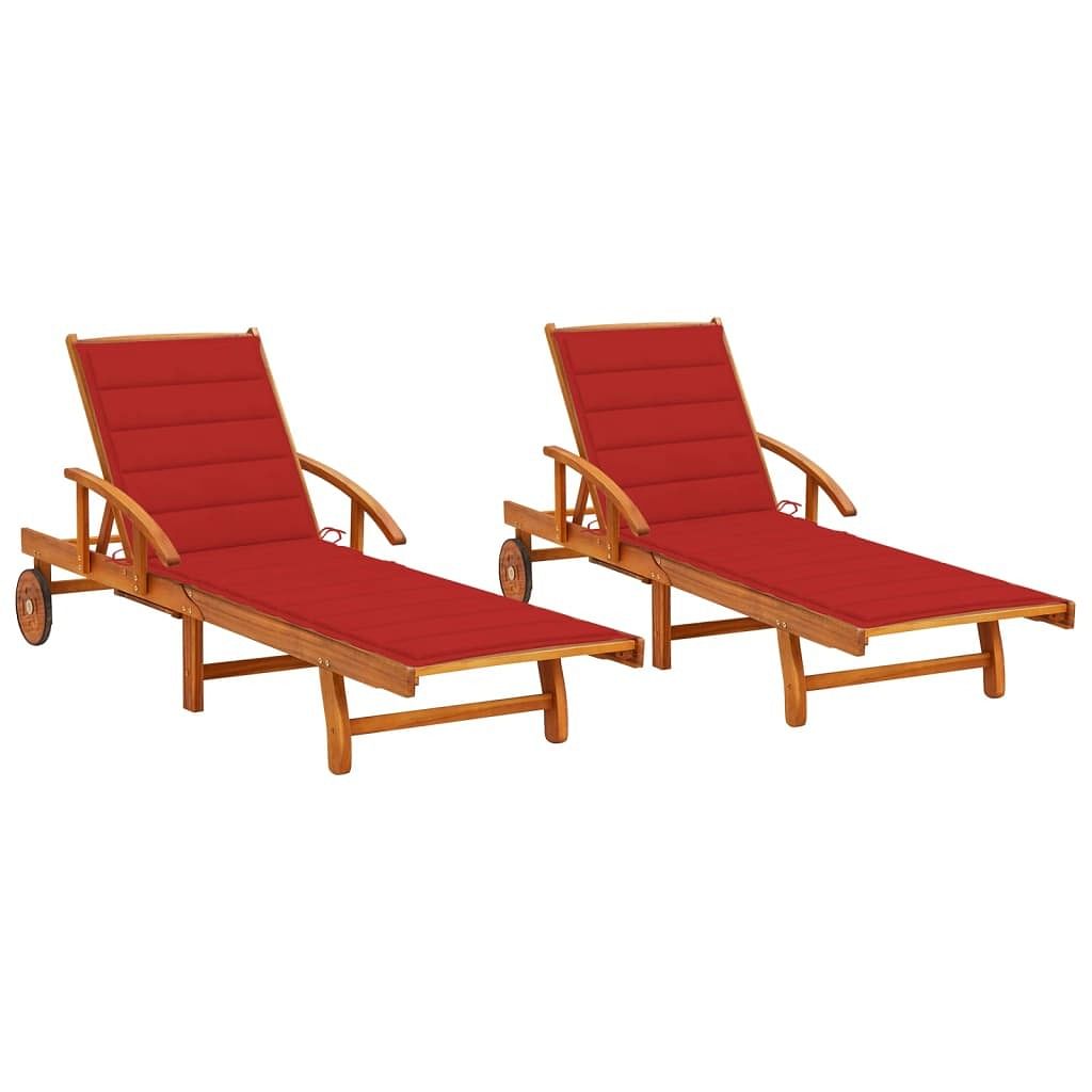 Sun lounger natural wood, red cushion