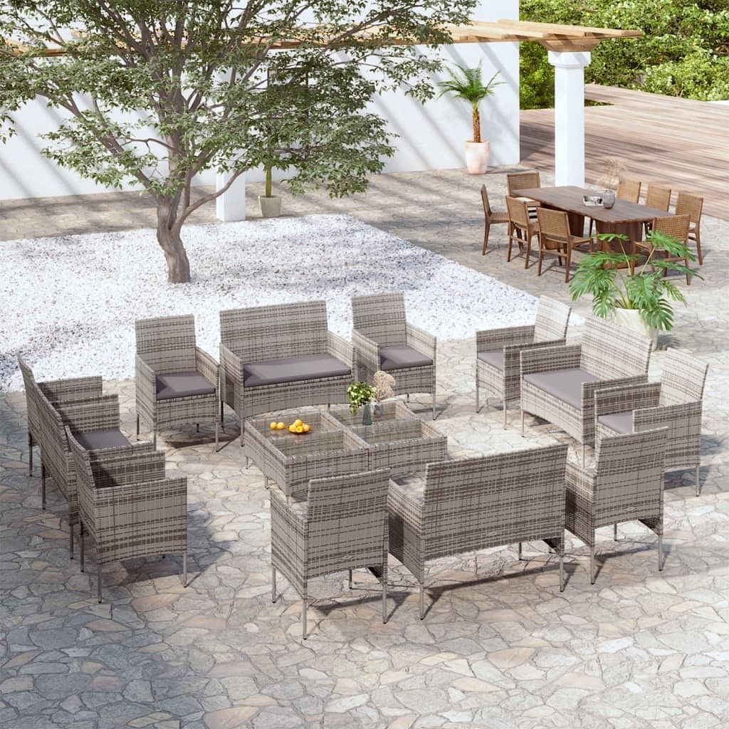 Garden lounge set grey pe rattan, powder-coated steel, glass large