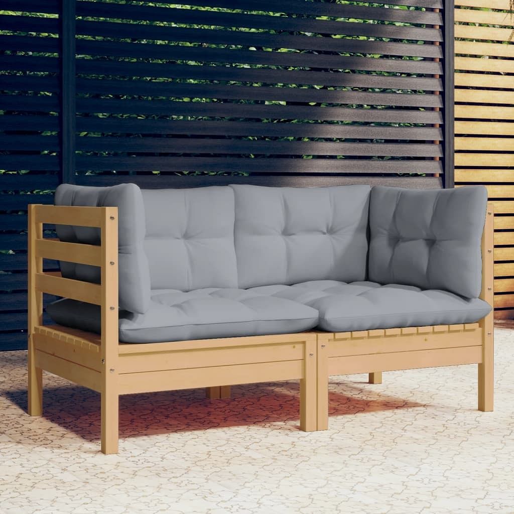 2-seater garden sofa grey solid pine wood, 100% polyester fabric