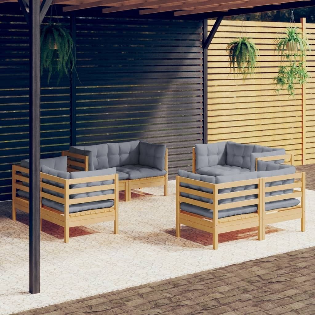 Garden lounge set grey solid pine wood, fabric (100% polyester)