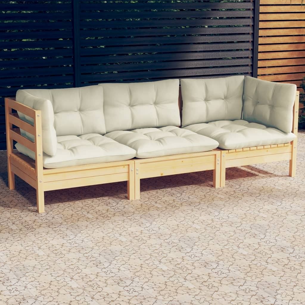 3-seater garden sofa cream solid pinewood, 100% polyester fabric