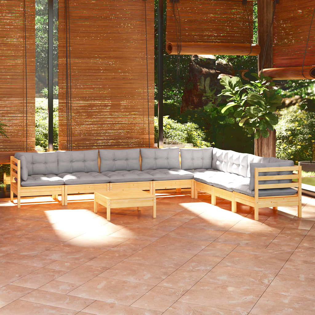 Garden lounge set grey cushions, natural wood