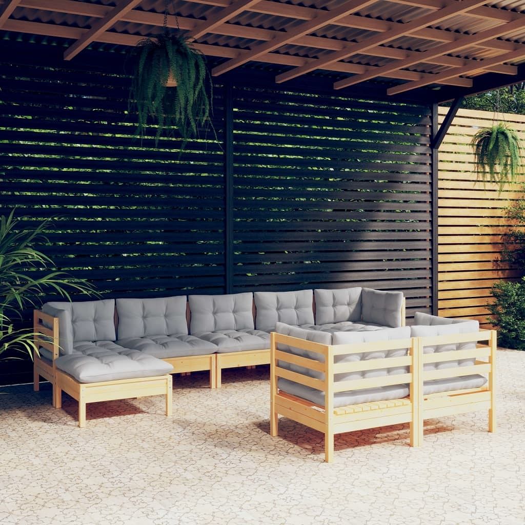 Garden lounge set grey solid pinewood, 100% polyester fabric