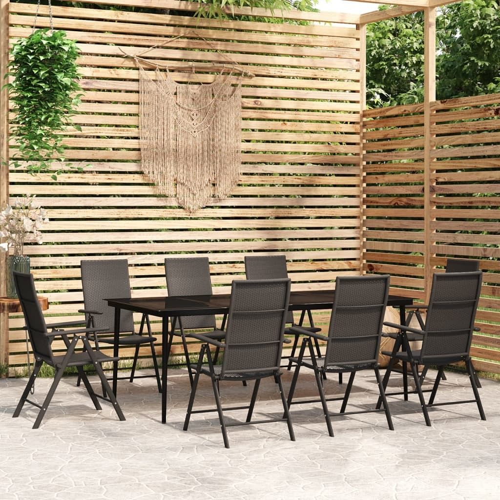 Garden dining set black steel frame, pe rattan, glass large