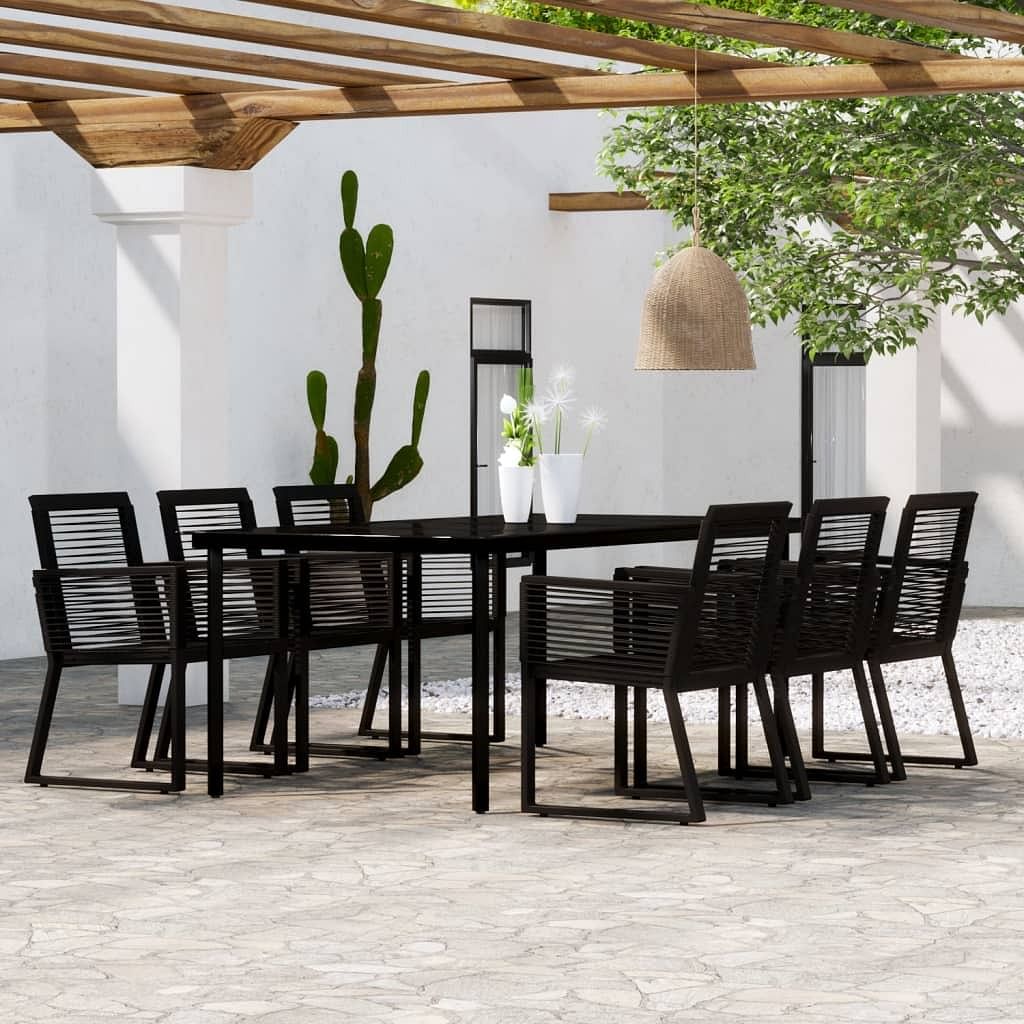 Dining set black powder-coated steel, pvc rattan, glass large