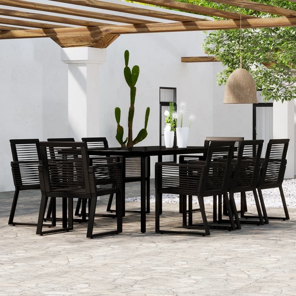 Dining set black powder-coated steel, glass, pvc rattan large