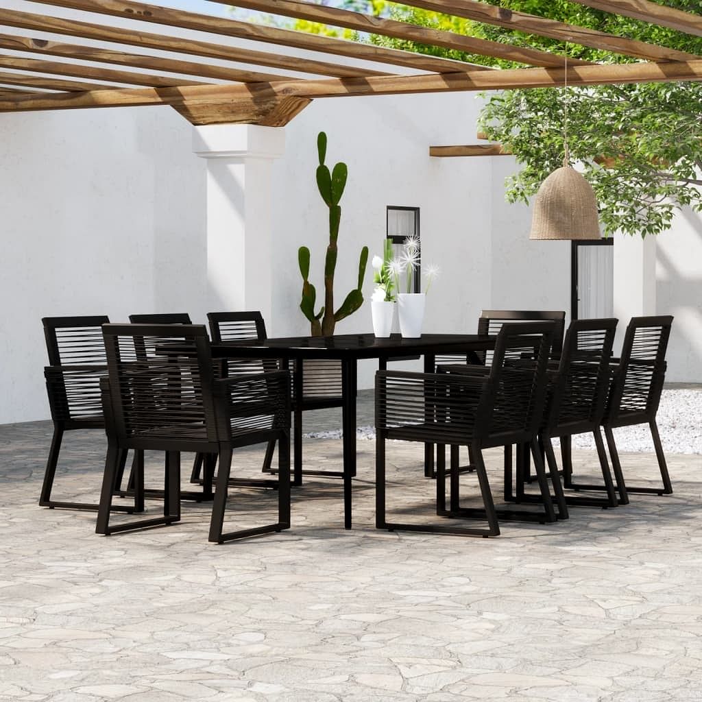 Dining set black powder-coated steel, glass, pvc rattan large