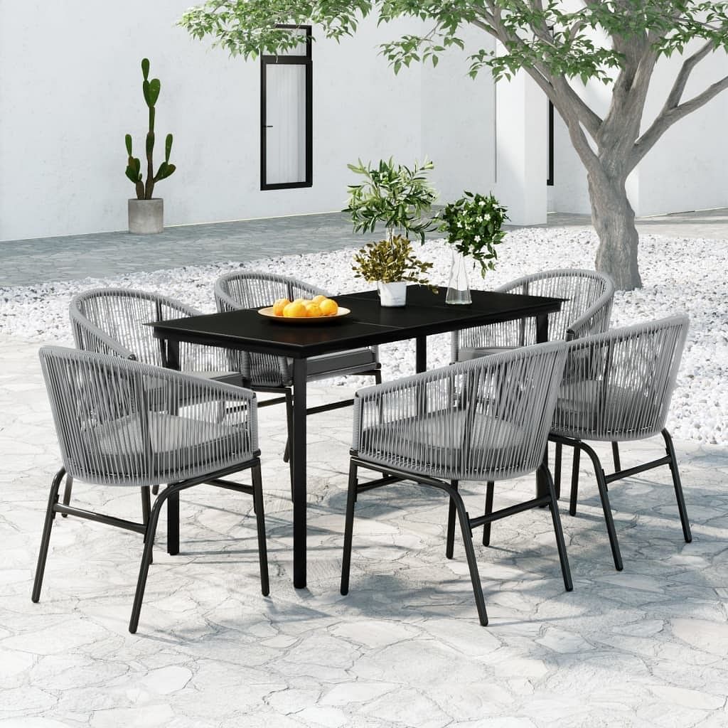 Garden dining set black powder-coated steel 7 piece set durable