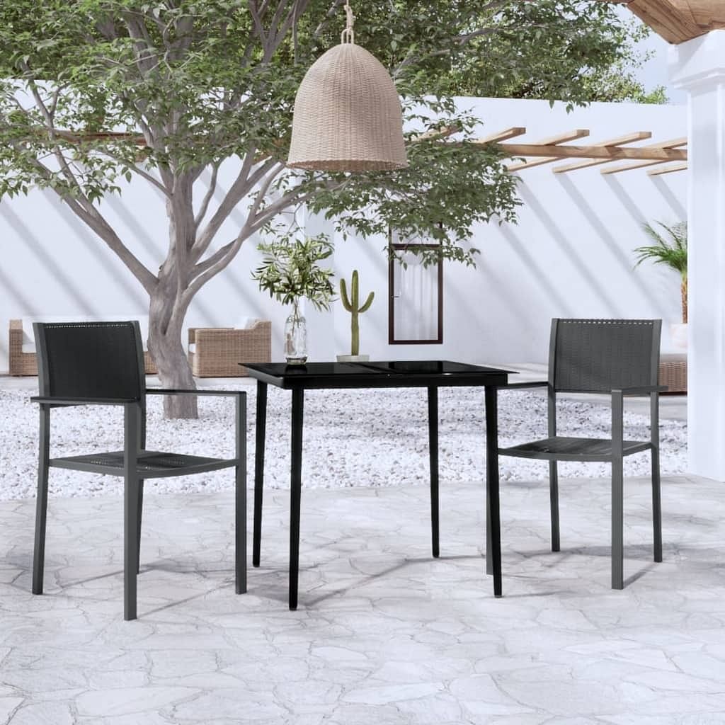 Garden dining set black powder-coated steel, glass, plastic