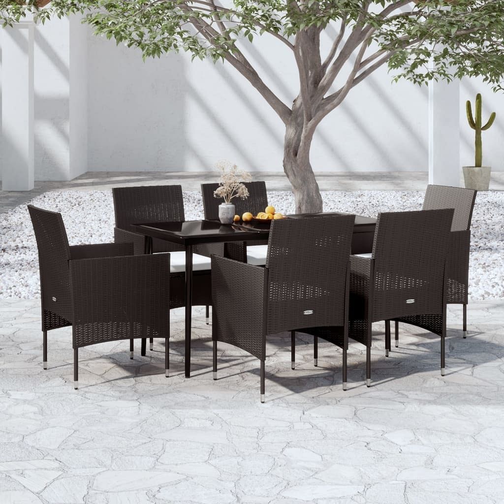 Garden dining set black pe rattan, powder-coated steel, glass large