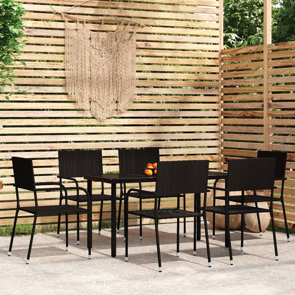 Garden dining set black powder-coated steel, glass, pe rattan