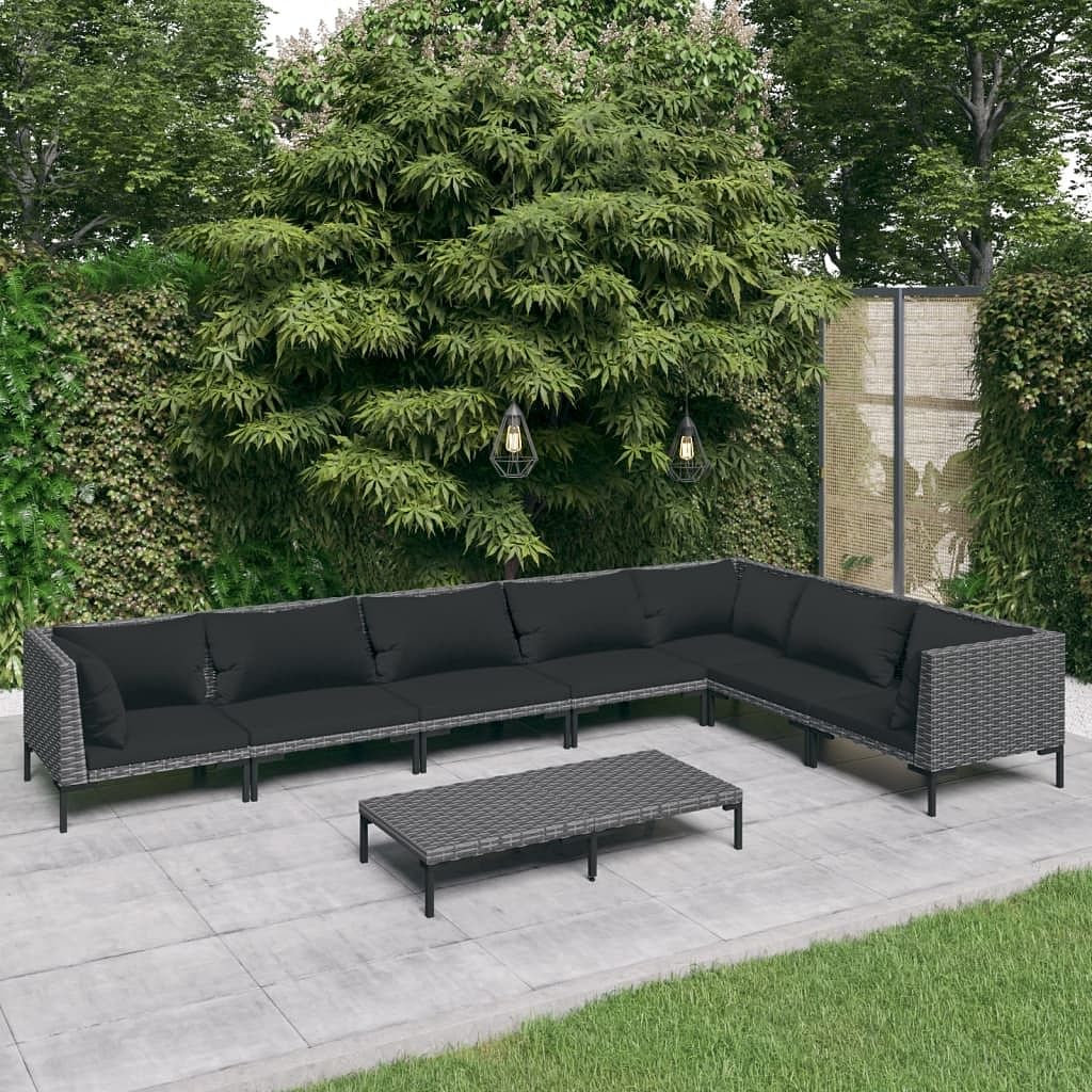 Garden lounge set dark gray rattan, black cushions